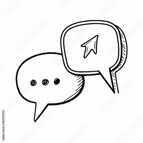 Hand drawn sketch of two overlapping speech bubbles one with ellipses and the other with a send arrow icon