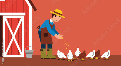 A cheerful farmer feeding his chickens in a colorful barnyard scene