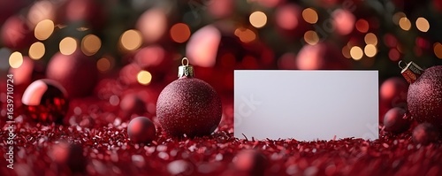 Christmas ornaments and a blank card on a festive red background