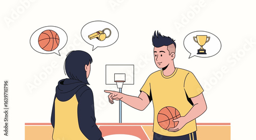 Basketball mentoring session, coach instructing a player with illustration