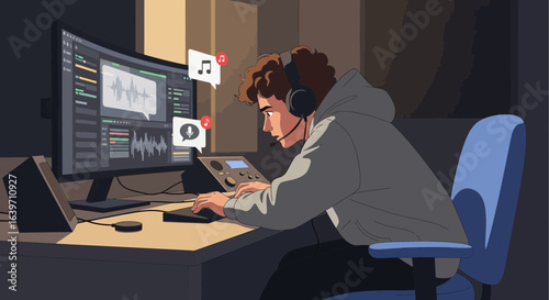 Boy in a recording studio mixing audio tracks with speech bubbles and symbols