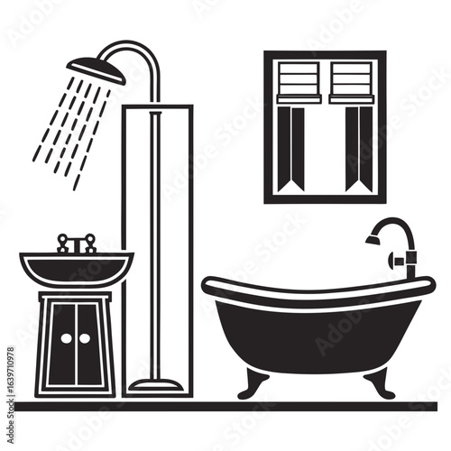 Stylized black and white illustration of a modern bathroom interior with a shower sink and bathtub