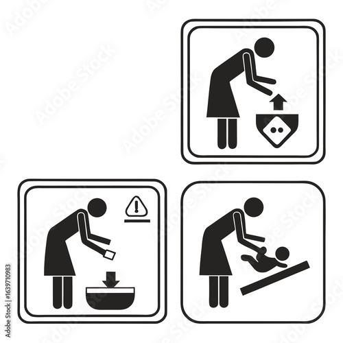Set of three pictogram icons showing a woman changing a baby and disposing of diapers in a sanitary way