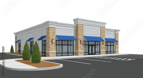 Commercial building exterior design with parking and landscaping