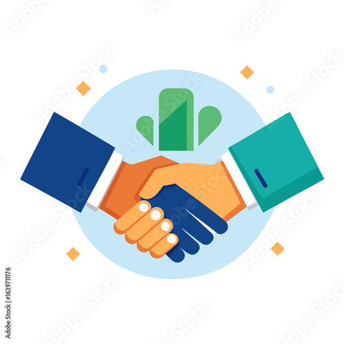 Two business people in suits shaking hands in agreement with a green cactus symbol in the background