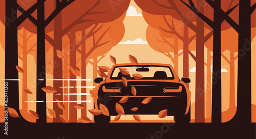 Autumn drive through vibrant forest road, car with falling leaves scene
