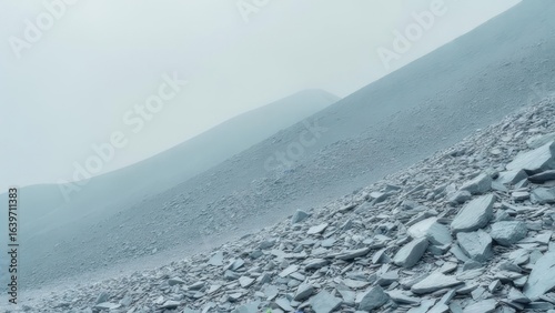 Ethereal Mountain Slopes Covered in Slate Debris Under a Misty Sky