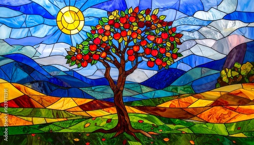 Vibrant Stained Glass Landscape with Apple Tree and Mountains