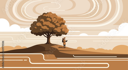 Brown-Toned Illustration of a Hiker Reading Under a Tree in Nature