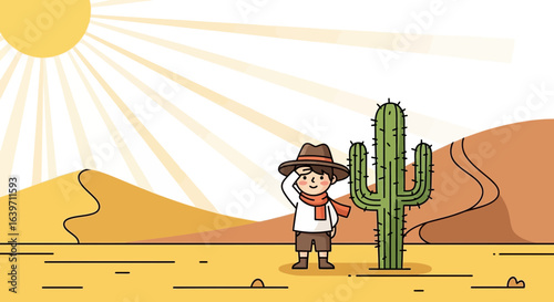 Cartoon explorer gazing across arid desert landscape with large cactus