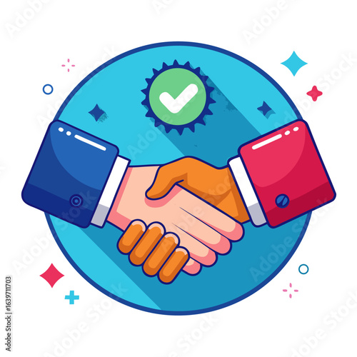 Two hands shaking in agreement symbolizing a successful business deal with a green checkmark badge