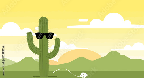 Cool cactus with sunglasses in a serene landscape illustration art