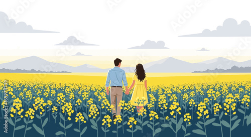 Couple strolls through a vibrant canola field against a mountainous backdrop