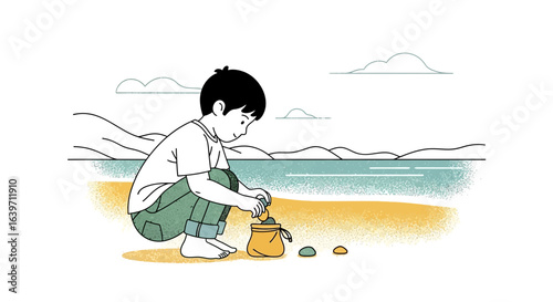 Childhood discovery illustrated scene of a boy at the beach collecting stones