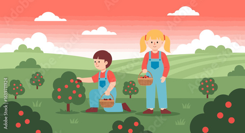 Children harvesting ripe apples in an orchard, cartoon illustration style