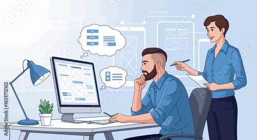 Collaborative web design team creating digital interfaces on a desktop