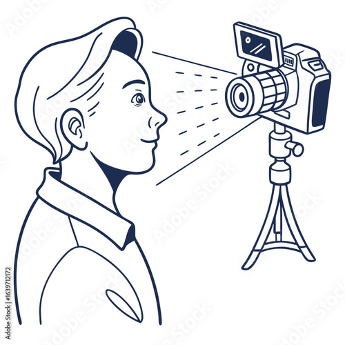 Person being filmed by a video camera on a tripod capturing a moment in time
