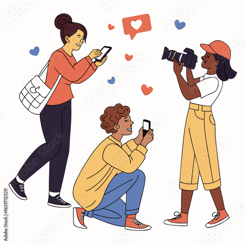 Diverse group of friends capturing moments with phones and camera social media engagement with likes and hearts