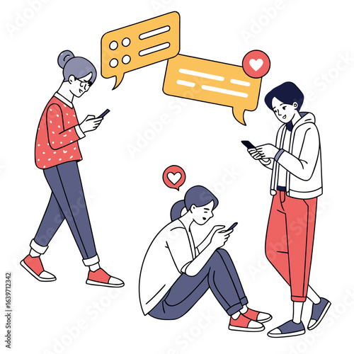 Diverse group of young people engrossed in their smartphones communicating and interacting online with chat bubbles and hearts