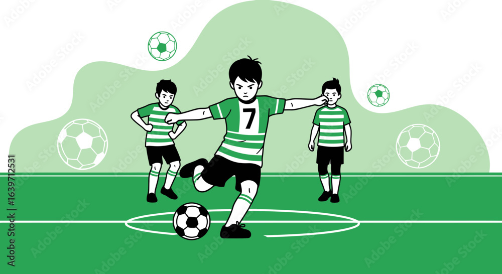 Fototapeta premium Dynamic football team illustration, green and white themed sportive artwork