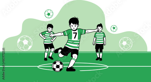 Dynamic football team illustration, green and white themed sportive artwork