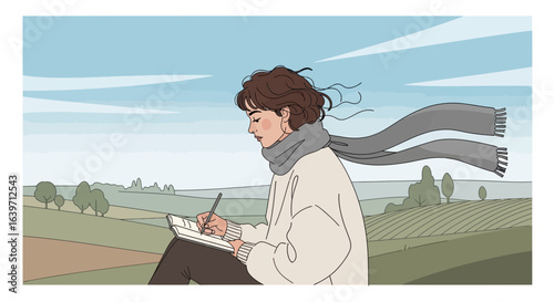 Dreamy girl writing outdoors in nature surrounded by landscape scenery