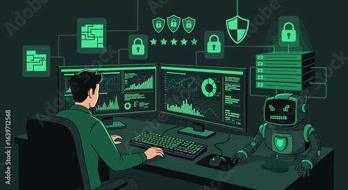 Cybersecurity analyst and AI working together to protect data with encryption