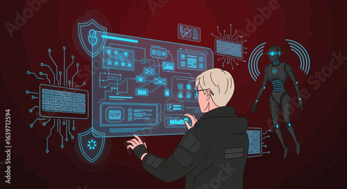 Cybersecurity engineer monitoring data flow with an AI assistance system