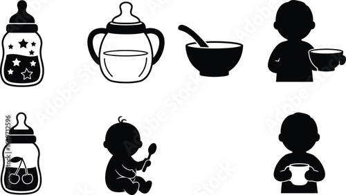 Baby feeding icons, baby bottle, sippy cup, baby food, spoon feeding, newborn meal, infant drink, silhouette baby eating, baby nutrition, kids meal illustrations