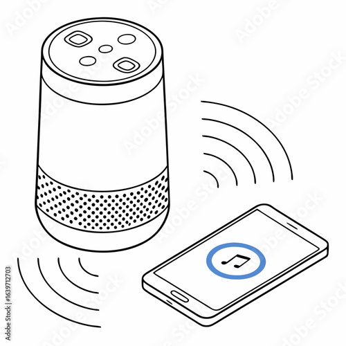 Smart speaker and smartphone interacting wirelessly with music symbol on screen indicating audio playback