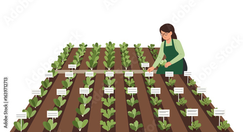 Dedicated woman tending a vibrant and diverse vegetable garden plot