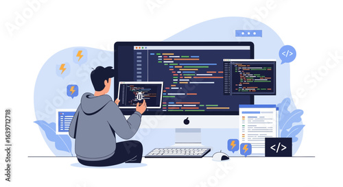 Debugging challenges, coder working on a bug, software developing coding