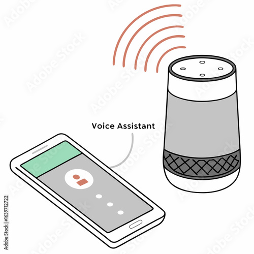Smart speaker and smartphone interacting with voice assistant technology for modern home automation and communication