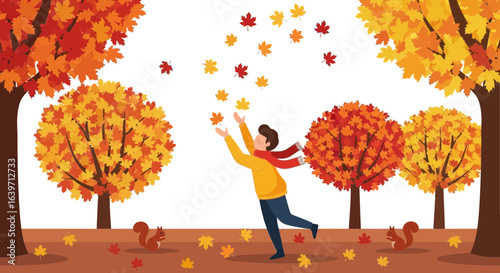 Delightful Autumn Landscape with Person Enjoying Falling Leaves and Squirrels