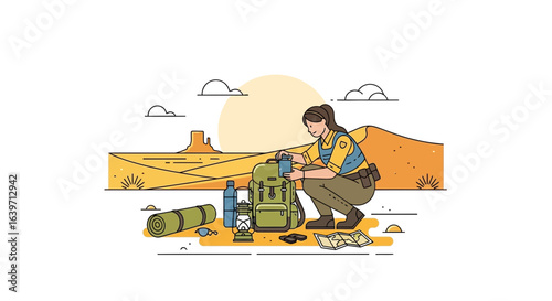 Female park ranger prepares supplies in a remote desert landscape illustration