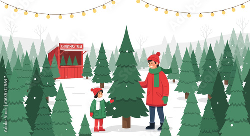 Festive christmas tree hunting trip in a snowy forest adventure scene