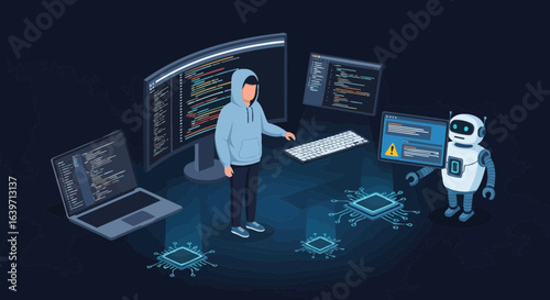 Future technology environment shows a hacker working with AI robot assistance