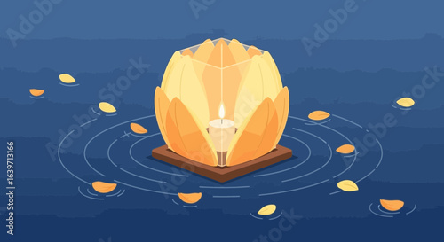 Enchanting water lantern with candle drifting on blue water surface