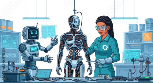 Engineering team assemble a cutting-edge humanoid robot in a advanced workshop