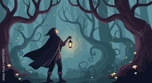 Enigmatic hooded figure with lantern in a stylized, whimsical forest