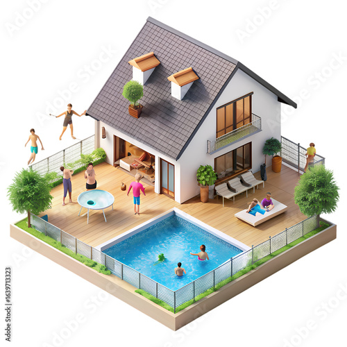 Isometric Illustration of a Family Enjoying a Suburban Home with Pool