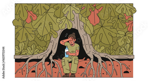 Exhausted traveler seeking refuge under a fig tree, coping with heatstroke