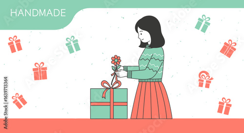 Girl presenting a handpicked bloom to a beautifully wrapped gift illustration