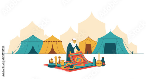 Flat illustration depicting Arabian hospitality within a desert tent community