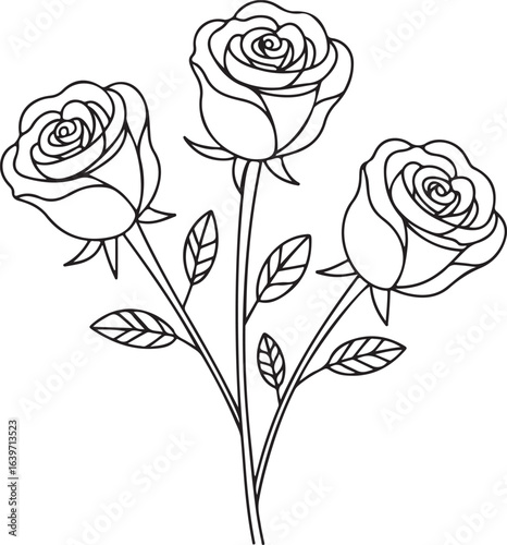 Three Roses Line Art – Elegant Floral Vector Illustration