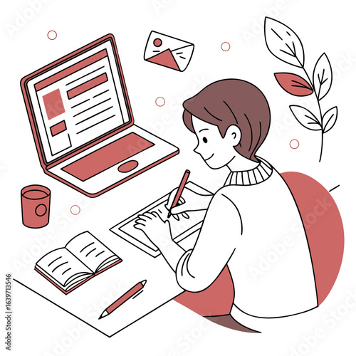 Young person diligently studying and writing at a desk with a laptop book and coffee cup surrounded by decorative elements