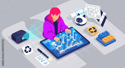 Futuristic city planning isometric concept with interactive 3D modeling