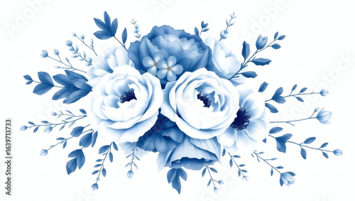 Elegant blue watercolor floral arrangement with roses and peonies. Hand-painted botanical bouquet illustration isolated on white background.