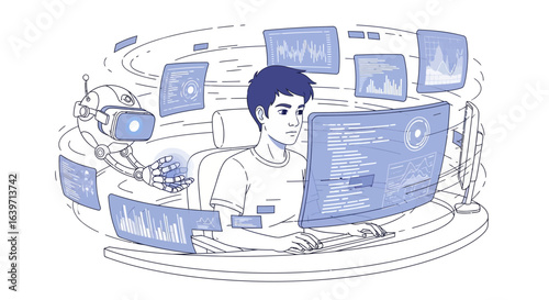 Futuristic Interface, Man Working, Robotic Assistance and Data Visualization