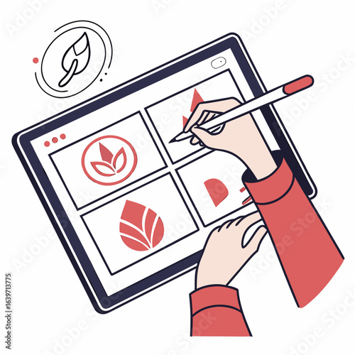 Graphic designer creating logos and branding elements on a digital tablet with a stylus pen
